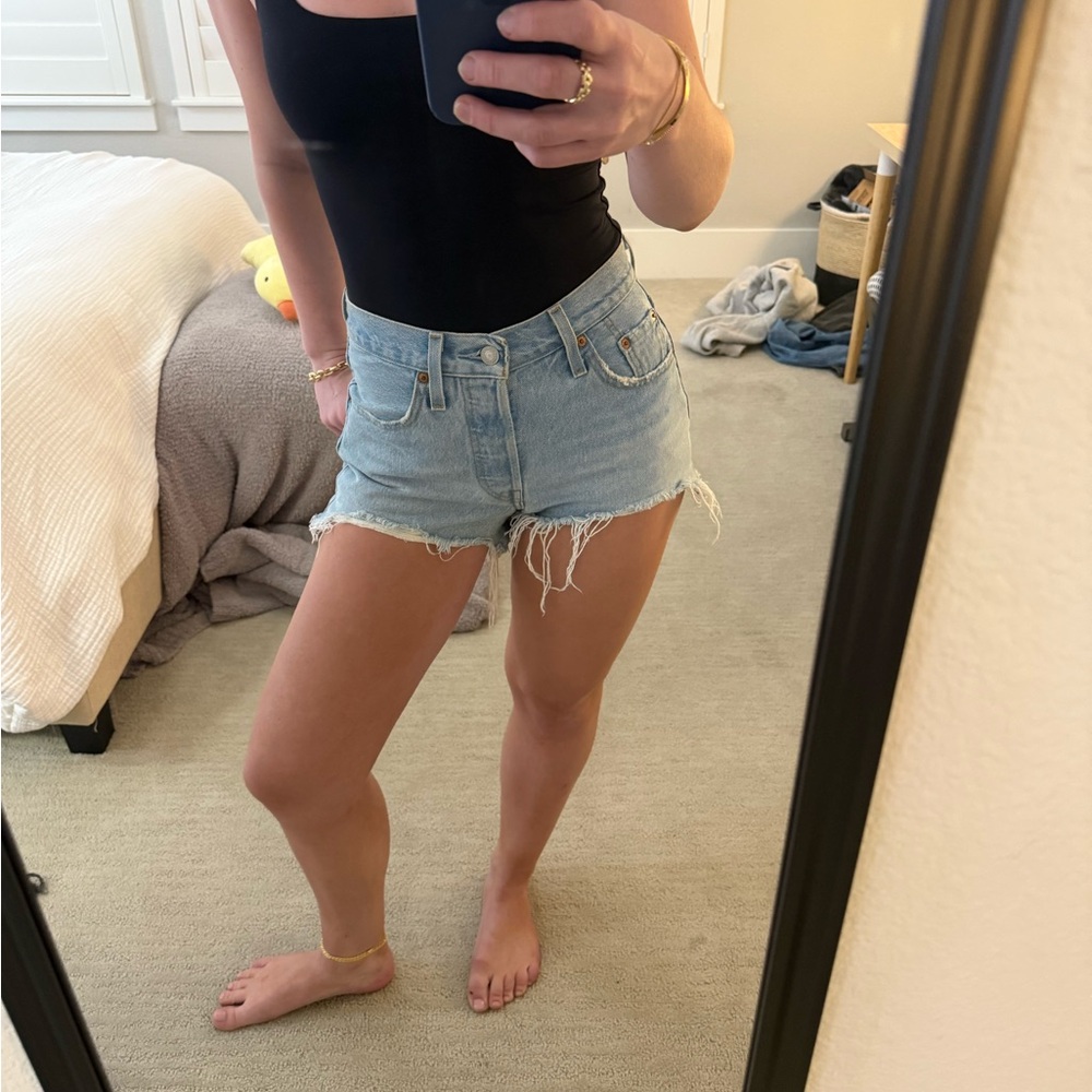 High waisted distressed jean shorts
